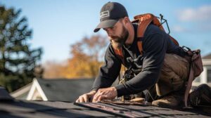 A roofing contractor showing a homeowner inspection paperwork beside a house with visible roof shingles.