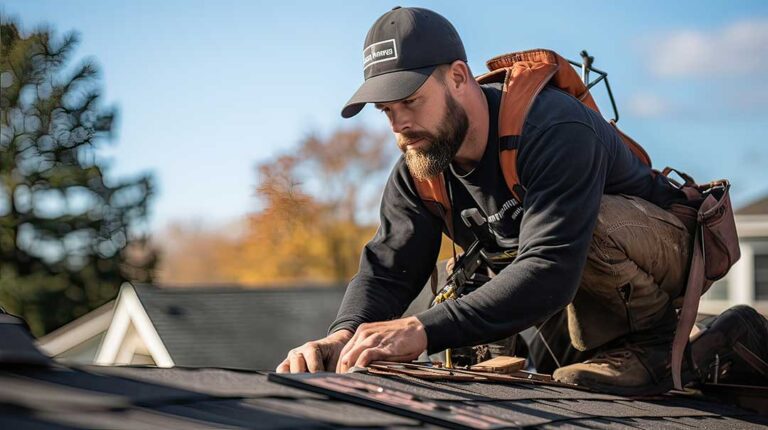 A roofing contractor showing a homeowner inspection paperwork beside a house with visible roof shingles.